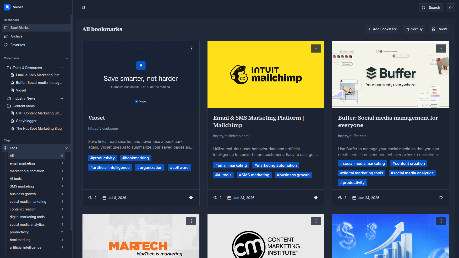 Vioset dashboard showing saved bookmarks organized into collections with AI-generated summaries