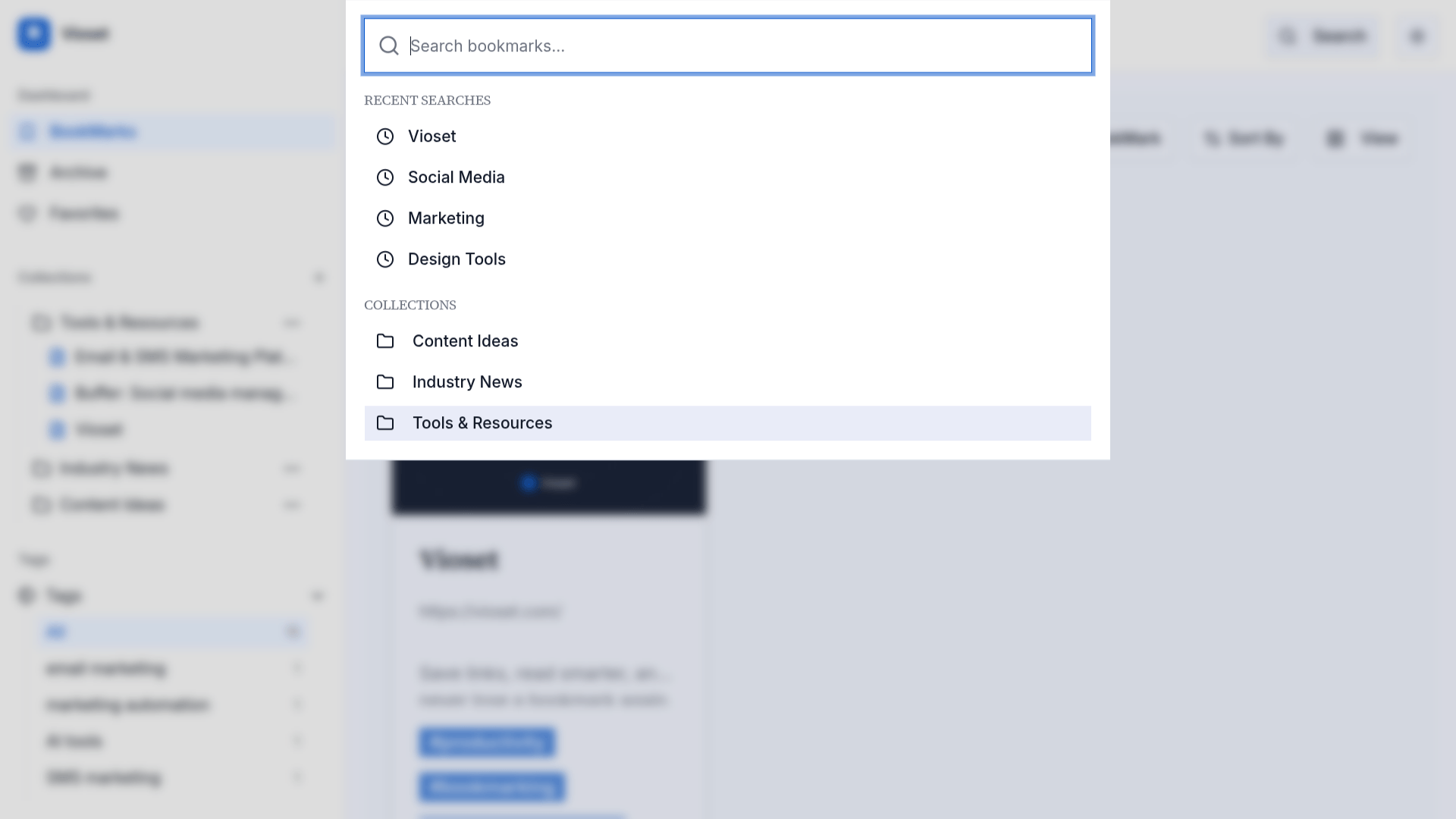 Vioset search drawer with recent searches